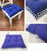 Collage of images showing a blue seat cushion on a white chair, stacked with another cushion, and a close-up of the cushion. Produktbild-Vorschau
