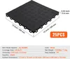 A black interlocking garage floor tile is shown from a slightly elevated angle, with dimensions and quantity information provided. Voir les images du produit