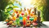 A vibrant display of tropical cocktails and fruits set against a lush green jungle backdrop with bright sunlight. Podgląd zdjęcia produktu
