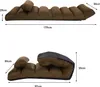Two views of a brown floor chair with dimensions indicated by measurement lines and text. Voir les images du produit