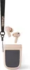 A pair of pink wireless earbuds with their charging case and a black lanyard, all against a white background. Anteprima dell’immagine prodotto
