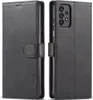 A black leather flip case for a smartphone is shown from the front and back. Produktbild-Vorschau