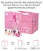 The image shows two pink HP Office reams of paper with a pink ribbon symbol for breast cancer awareness. Below the reams, there are icons representing a box, equal signs, and stacks of paper, illustrating a quantity comparison. Produktbild-Vorschau