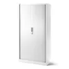 A white metal storage cabinet with rolling doors and a handle. Podgląd zdjęcia produktu