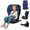A young girl is sitting in a blue car seat, with additional views of the car seat components. Náhled obrázku produktu
