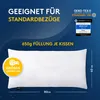 A white pillow is shown against a dark blue background with stars, accompanied by marketing text and certifications. Produktbild-Vorschau