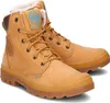 A pair of tan Palladium boots with white fur lining and brown accents, shown against a white background. Produktbild-Vorschau