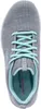 Top-down view of a gray sneaker with mint green accents and laces. Voir les images du produit
