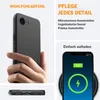 A hand holding a black phone case, with marketing text and graphics about the product's features. Produktbild-Vorschau