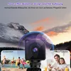 A split image showing a camera in the center, with an outdoor scene on the left and an indoor family scene on the right. Text overlays describe the camera's features. Produktbild-Vorschau