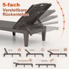 A brown plastic sun lounger with its backrest shown in multiple adjustable positions, accompanied by smaller images illustrating different uses. Podgląd zdjęcia produktu