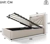 A diagram showing the dimensions of a bed frame with storage. Produktbild-Vorschau