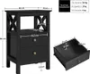 A black wooden nightstand with dimensions and weight capacity information, alongside a separate image of an open drawer with its dimensions. Produktbild-Vorschau