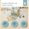 A wooden activity cube with various learning features, presented on a textured surface with descriptive text and icons. Produktbild-Vorschau