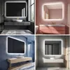A collage of four different bathroom vanity mirror setups, each featuring a lighted mirror. Produktbild-Vorschau