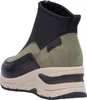 A rear view of a black and green ankle boot with a thick beige sole. Voir les images du produit