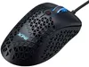 A black gaming mouse with a honeycomb design and blue LED lighting. Podgląd zdjęcia produktu