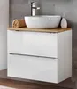 A modern bathroom vanity with a white ceramic sink and a wooden countertop, set against a gray tiled wall. Produktbild-Vorschau