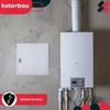 A white boiler and a white access panel mounted on a concrete wall. Podgląd zdjęcia produktu