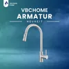 A modern kitchen faucet is displayed against a gradient background of teal and blue, with text indicating it's a new product from VBCHOME. Produktbild-Vorschau