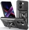 A black protective phone case with a camera cover and a ring holder, shown from multiple angles with a phone partially visible. Produktbild-Vorschau