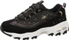 A studio shot of a single black Skechers sneaker with white and gold accents. Voir les images du produit