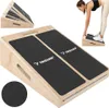 A collage showing a wooden slant board for stretching and a woman using it. Náhľad obrázku produktu