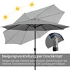 A gray umbrella is shown with a close-up inset of its tilting mechanism. Sun icons are depicted above the umbrella. Produktbild-Vorschau