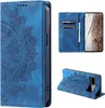 Collage of a blue flip phone case with a mandala design, showing different angles and its cardholder feature. Produktbild-Vorschau