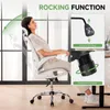 A woman is sitting in a white ergonomic office chair, demonstrating its rocking function. Inset images show the lever for adjusting the chair height and the knob for adjusting rocking pressure. Náhled obrázku produktu