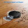 A black robot vacuum cleaner is shown on a wooden floor, cleaning up debris and dust. A water tank and mop attachment are visible. Produktbild-Vorschau