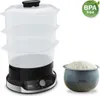 A Tefal Ultracompact steam cooker and a bowl of rice are shown against a white background. The steam cooker has three transparent tiers and a black base. A green circular badge with 'BPA free' is in the top right corner. Anteprima dell’immagine prodotto