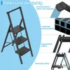 A black folding step stool with multiple features highlighted with text and close-up images. Produktbild-Vorschau
