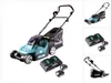 A collage of images showing a Makita cordless lawnmower and its accessories. Náhled obrázku produktu