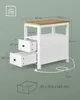 A white side table with a wooden top is shown with dimensions and details. Náhled obrázku produktu