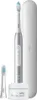 A silver electric toothbrush with a white charging base and a white travel case, along with an extra brush head, is displayed against a white background. Produktbild-Vorschau