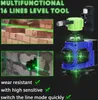 A laser level tool with green laser lines projected onto a brick wall and a concrete wall, along with text describing its features. Podgląd zdjęcia produktu