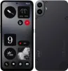 A split image showing the front and back of a black smartphone with a dark, minimalist user interface on the screen. Produktbild-Vorschau