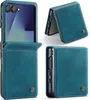 A collage of images showing a blue leather flip case for a Samsung Galaxy Z Flip phone from multiple angles. Produktbild-Vorschau