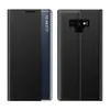 A black flip case for a Samsung Galaxy Note 9 is shown from the front and back. Produktbild-Vorschau