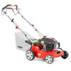 A red and black gasoline-powered lawnmower with a grass catcher is shown against a white background. Produktbild-Vorschau