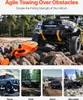 A winch pulley system is shown attached to a yellow off-road vehicle, with smaller images of various off-road vehicles in different terrains below. Náhled obrázku produktu