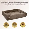 A dog bed with marketing text and quality seals. Produktbild-Vorschau