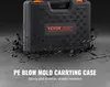 A black carrying case with orange accents is shown, with debris exploding outwards from its base. Produktbild-Vorschau