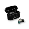 A pair of black wireless earbuds and their charging case are displayed on a white background. Produktbild-Vorschau