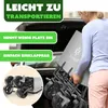 A woman is loading a foldable trolley into the trunk of a car. The image has overlaid text highlighting product features. Produktbild-Vorschau