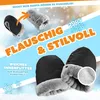 A marketing image for winter hand warmers, showing them in a snowy environment with text highlighting their features. Produktbild-Vorschau