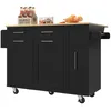 A black kitchen island with a wooden countertop is shown on a white background. It has drawers, cabinets, and wheels. There are some items on the countertop. Produktbild-Vorschau