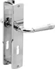A close-up studio shot of a silver and white door handle set against a white background. Produktbild-Vorschau