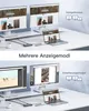 Two split images showing a laptop connected to multiple monitors via a docking station, demonstrating different display modes. Produktbild-Vorschau